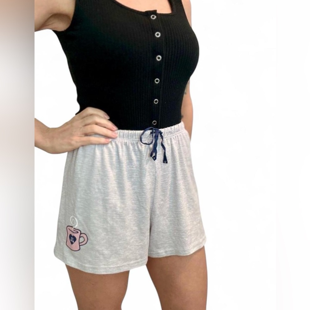 Life is Good Women's Sleep Shorts Gray Coffee Cup Graphic Drawstring Size L